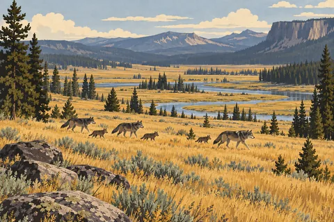 Une meute de loups traverse une prairie dorée, près d’une rivière sinueuse bordée de conifères et de montagnes