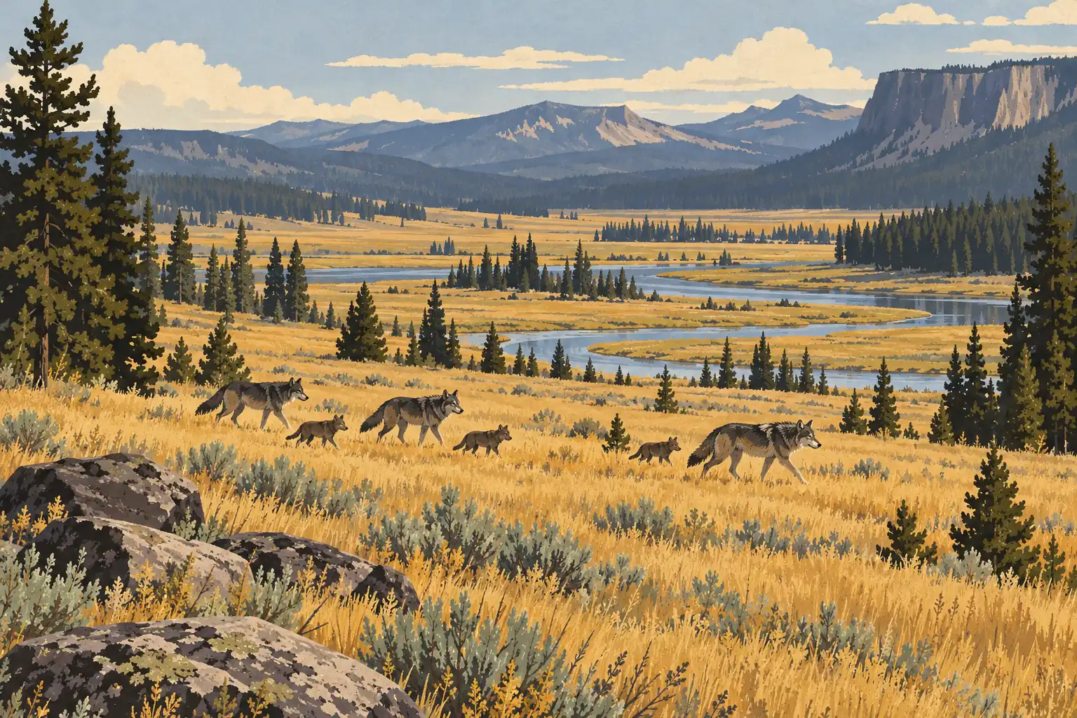 Une meute de loups traverse une prairie dorée, près d’une rivière sinueuse bordée de conifères et de montagnes