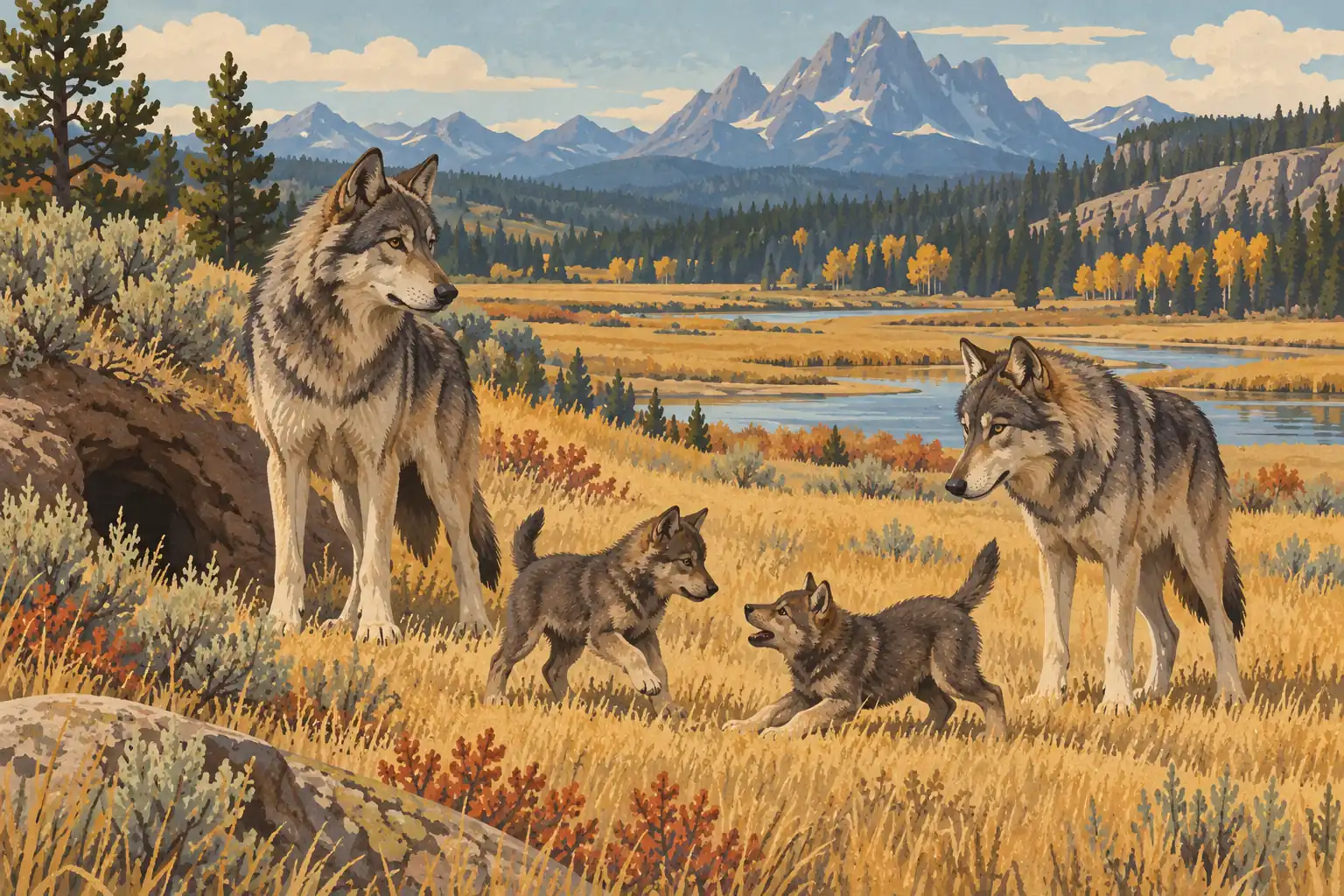 Two adult wolves watch over two pups in an autumn meadow beside a winding river, pine forest, and mountain peaks