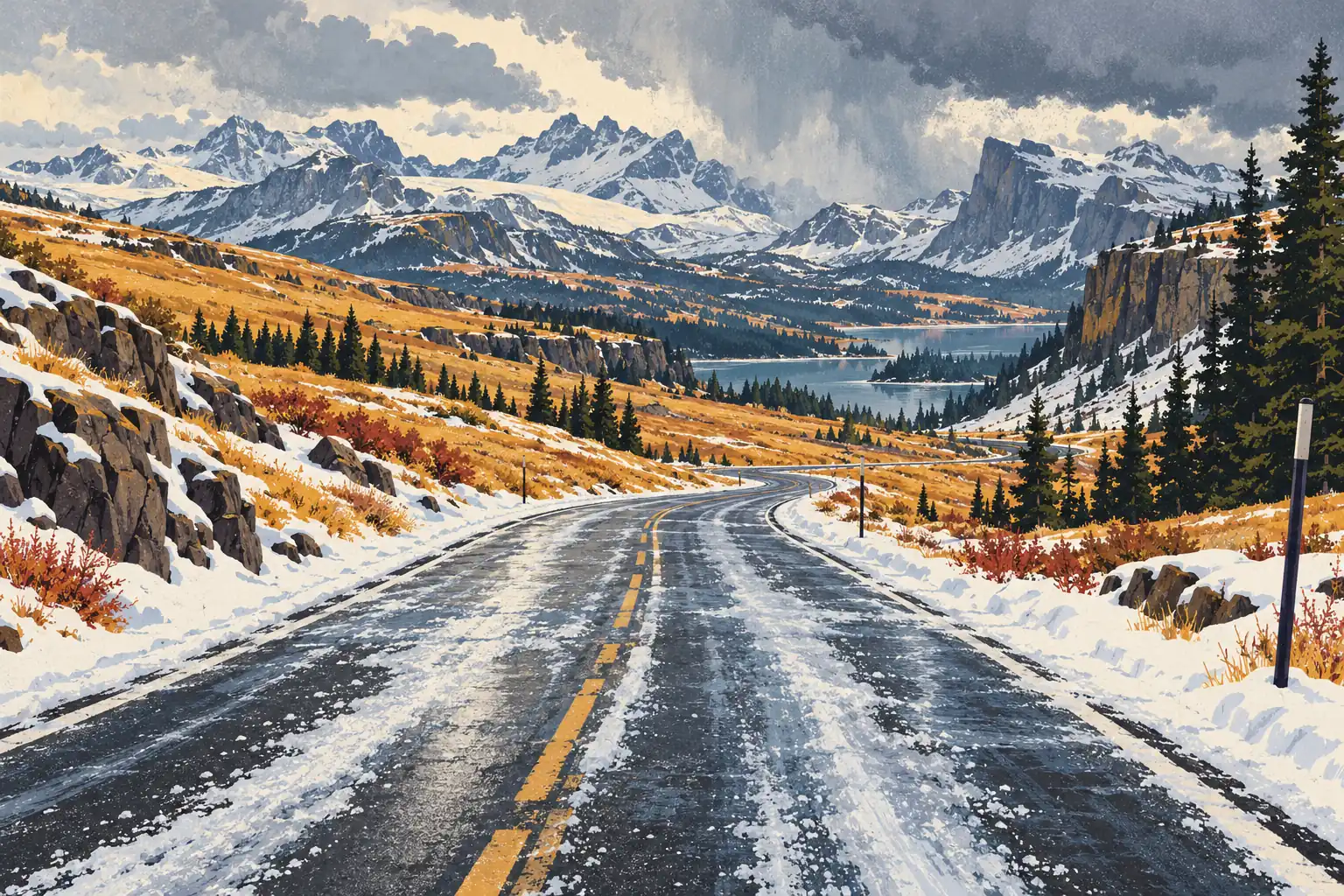 Route sinueuse partiellement enneigée traversant une vallée alpine, entre sapins, lacs et hauts sommets sous un ciel nuageux