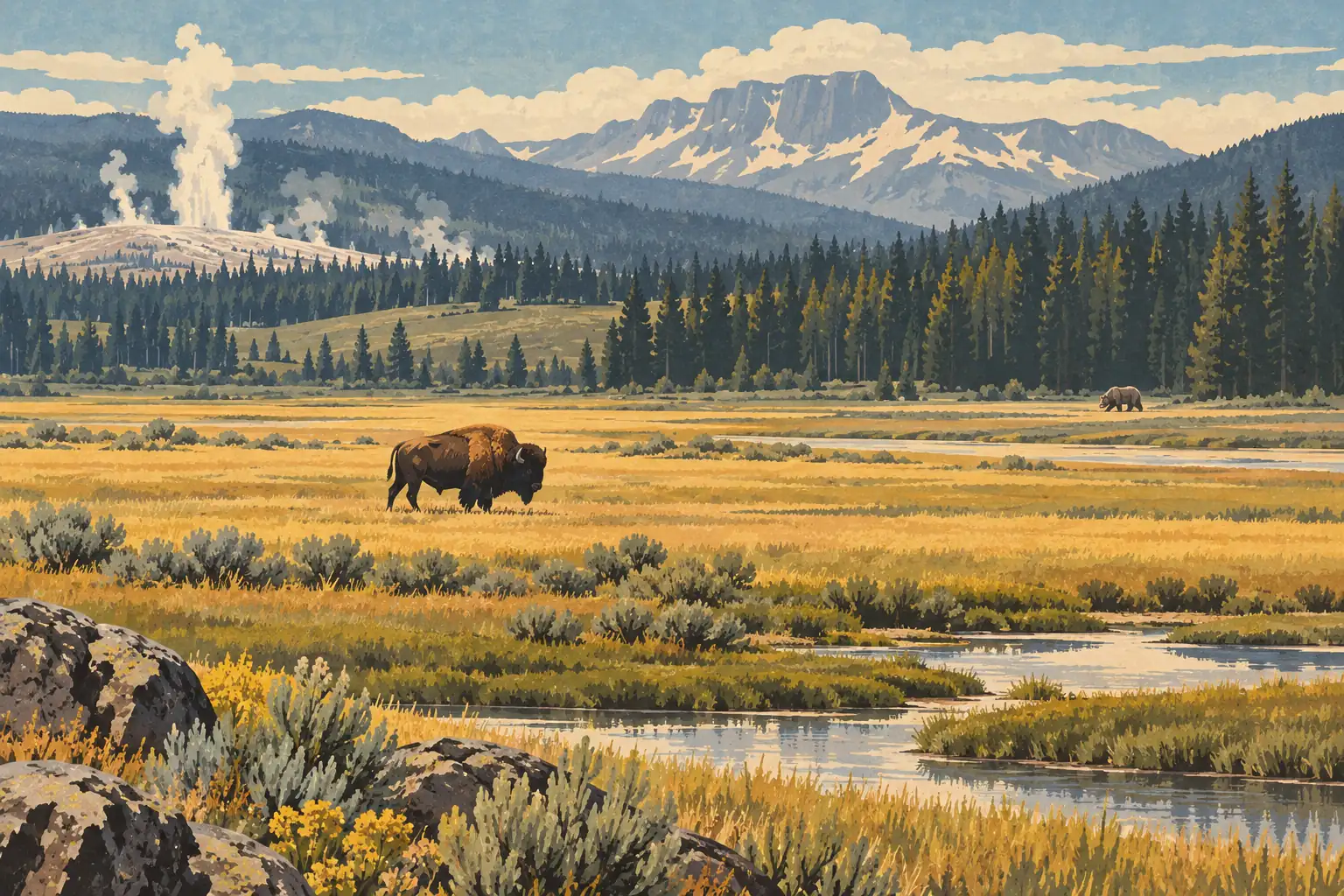 Dos bisontes cruzan una extensa pradera de Yellowstone junto a un río, con géiseres humeantes, bosque de pinos y montañas nevadas