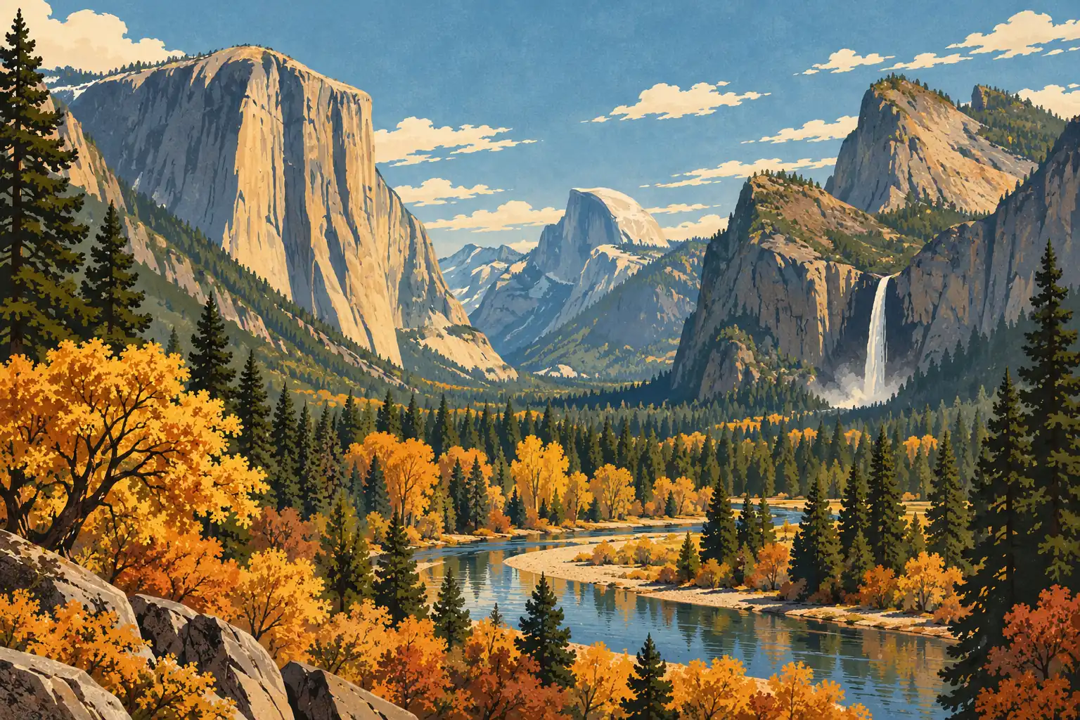 Vallée de Yosemite en automne, avec rivière sinueuse, pins, falaises granitiques, Half Dome et cascade