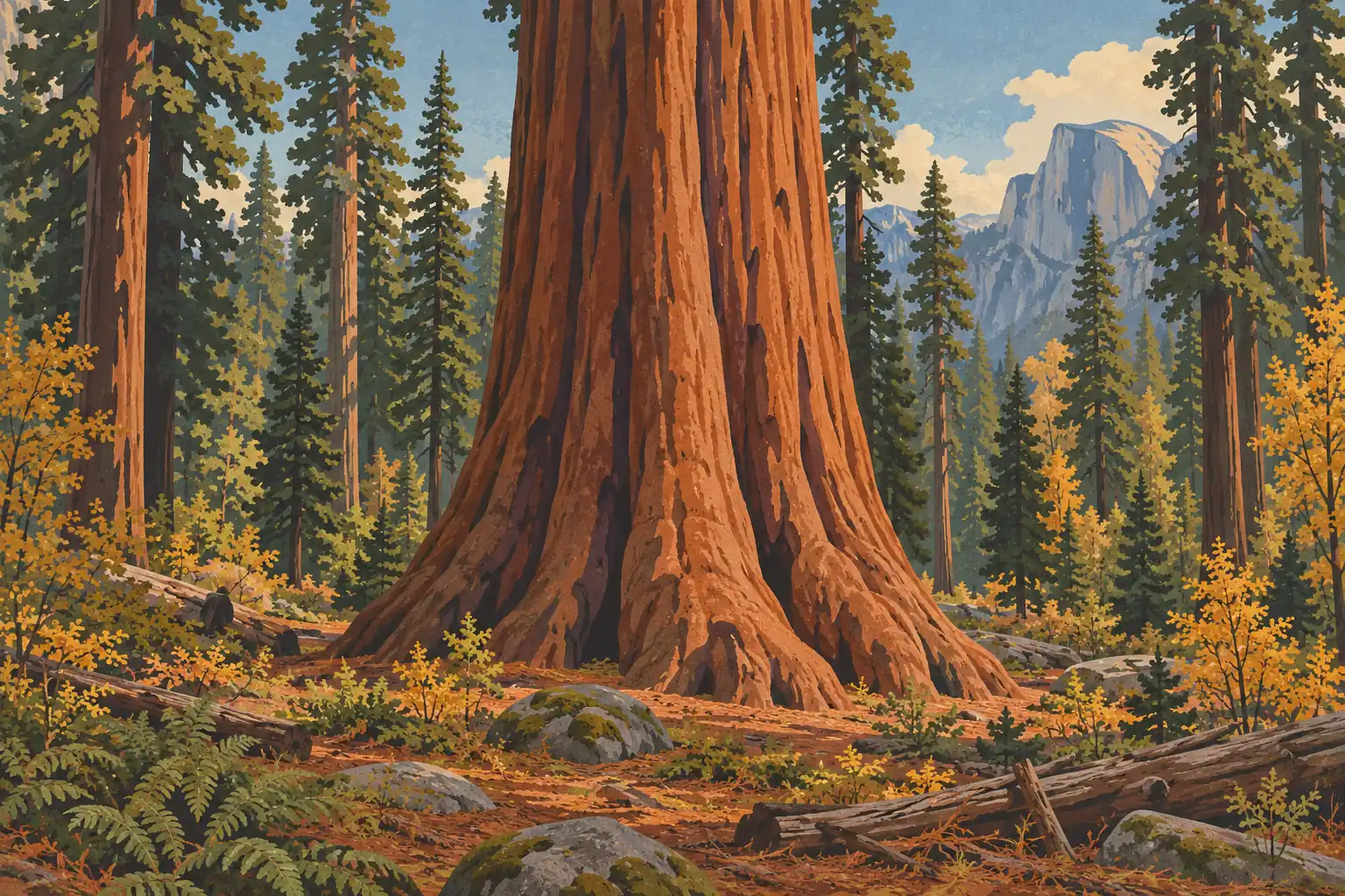Un séquoia géant domine une forêt de conifères aux feuillages d’automne, avec rochers et troncs couchés devant Half Dome