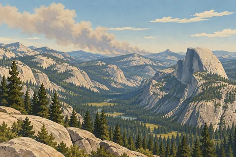 Vue panoramique sur la vallée de Yosemite, Half Dome à droite, forêts de conifères et fumée derrière les montagnes