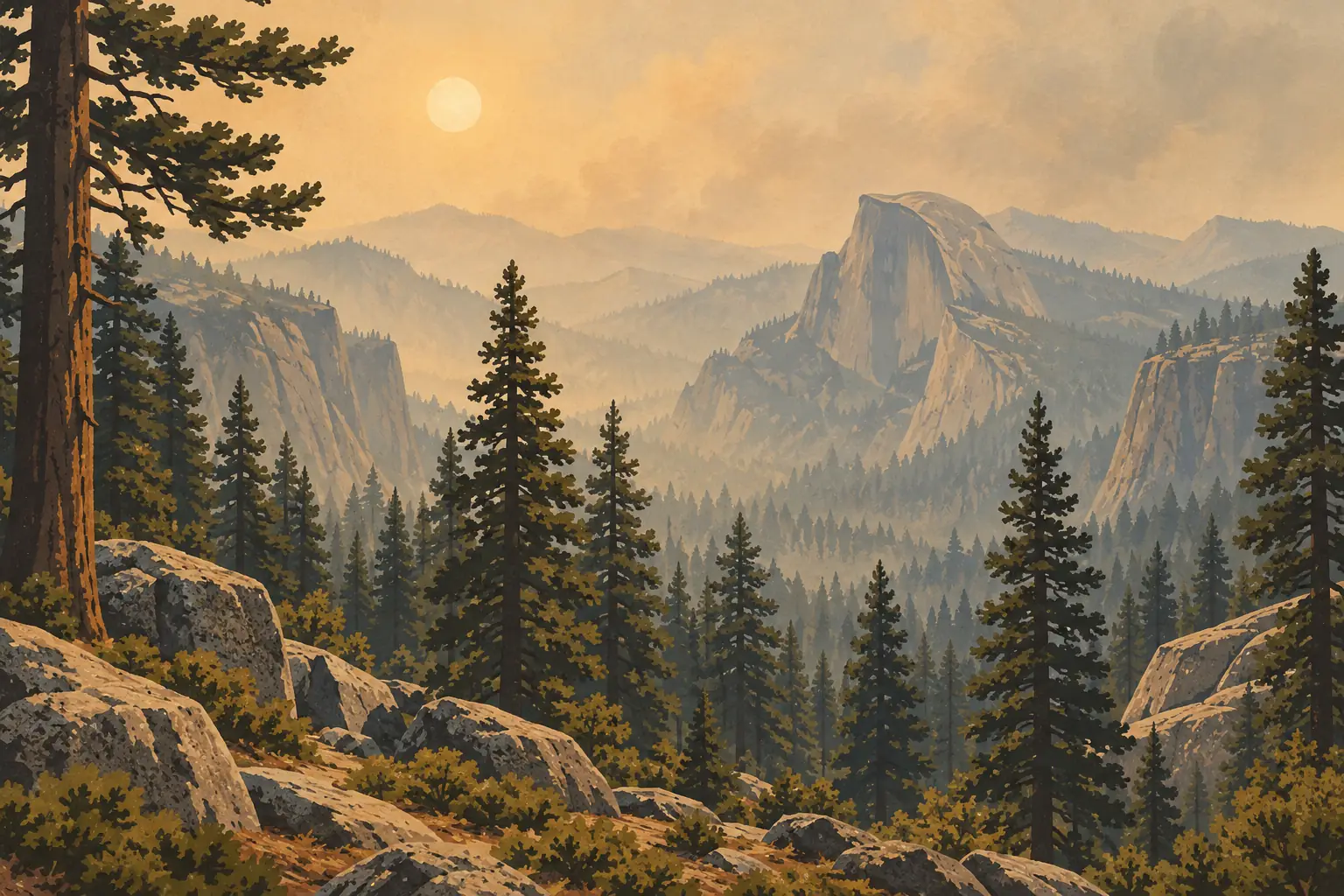 Vallée boisée de Yosemite avec Half Dome au loin, grands pins, rochers au premier plan et soleil voilé