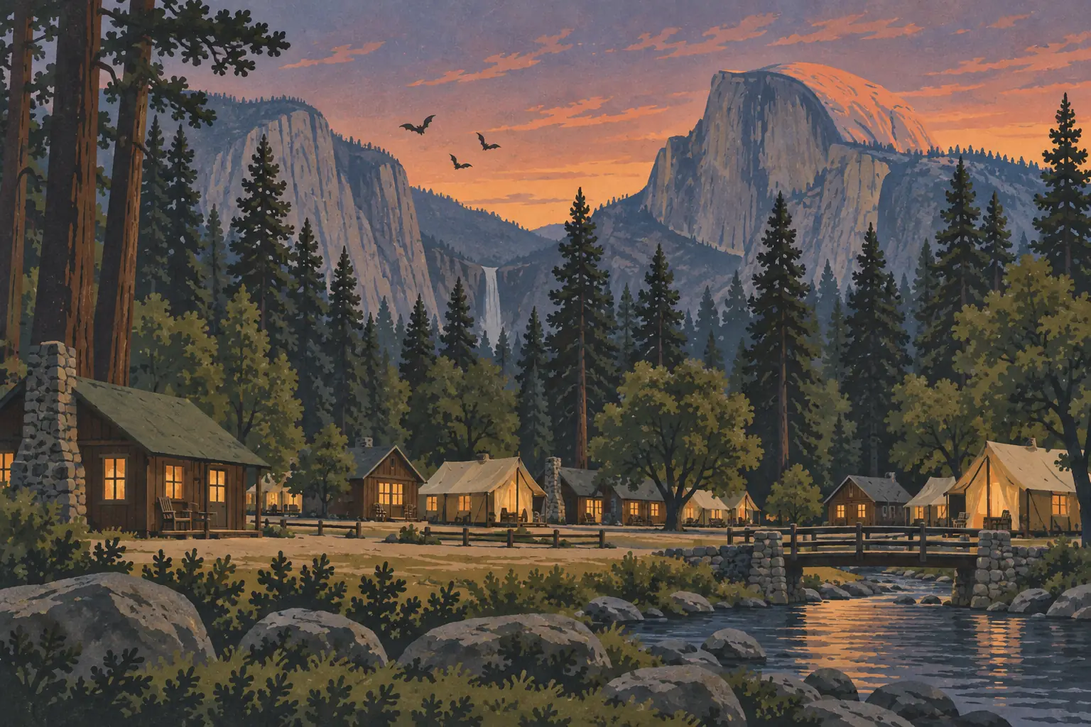 Cabanes et tentes éclairées au bord d’une rivière, sous les falaises de Yosemite au coucher du soleil, avec trois chauves-souris