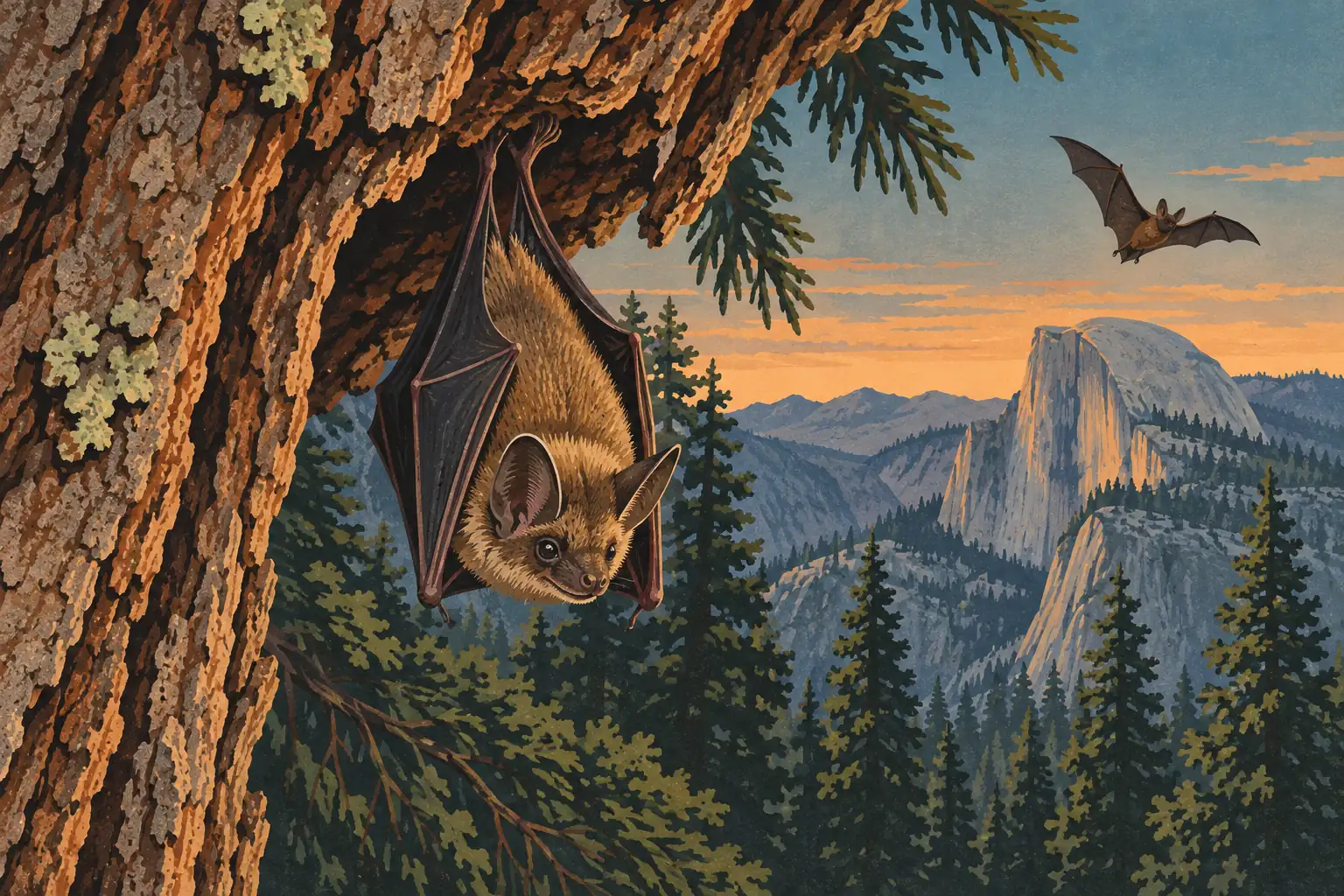 Une chauve-souris suspendue à un tronc domine une forêt de pins, avec Half Dome au soleil couchant et une autre en vol