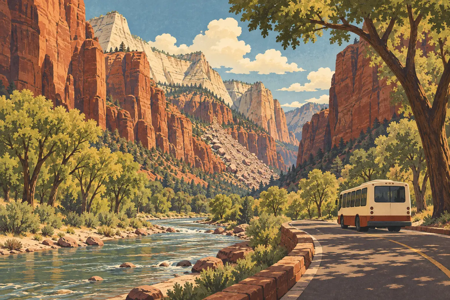 Une navette roule dans le canyon de Zion, entre une rivière bordée d’arbres et de hautes falaises rouges
