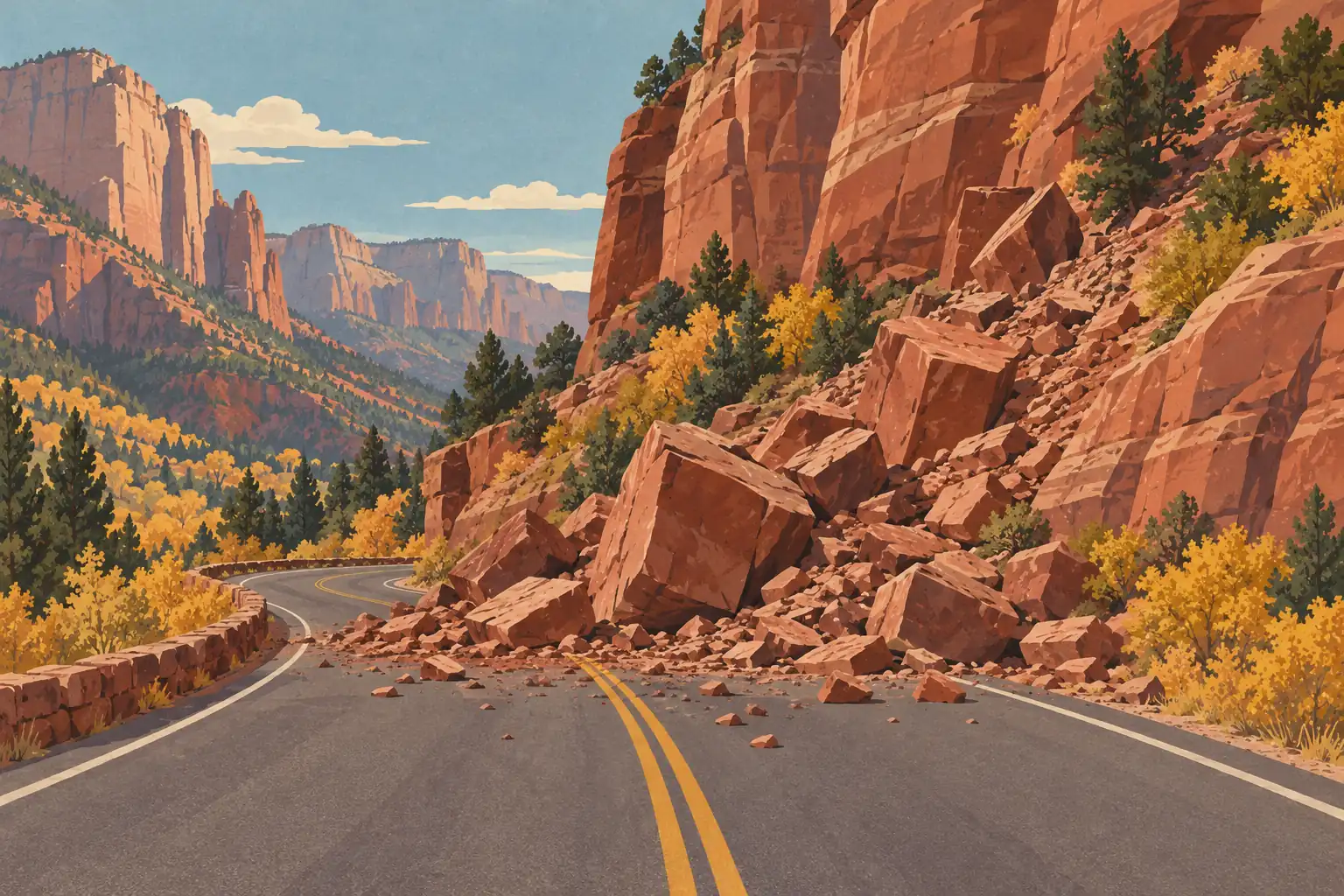 Route sinueuse bloquée par un éboulement de gros rochers rouges, au milieu des falaises et des arbres d’automne