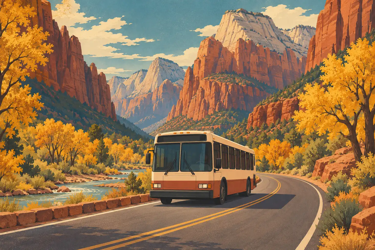 Un bus beige et rouge roule sur une route sinueuse, entre une rivière, des arbres dorés et les falaises de Zion