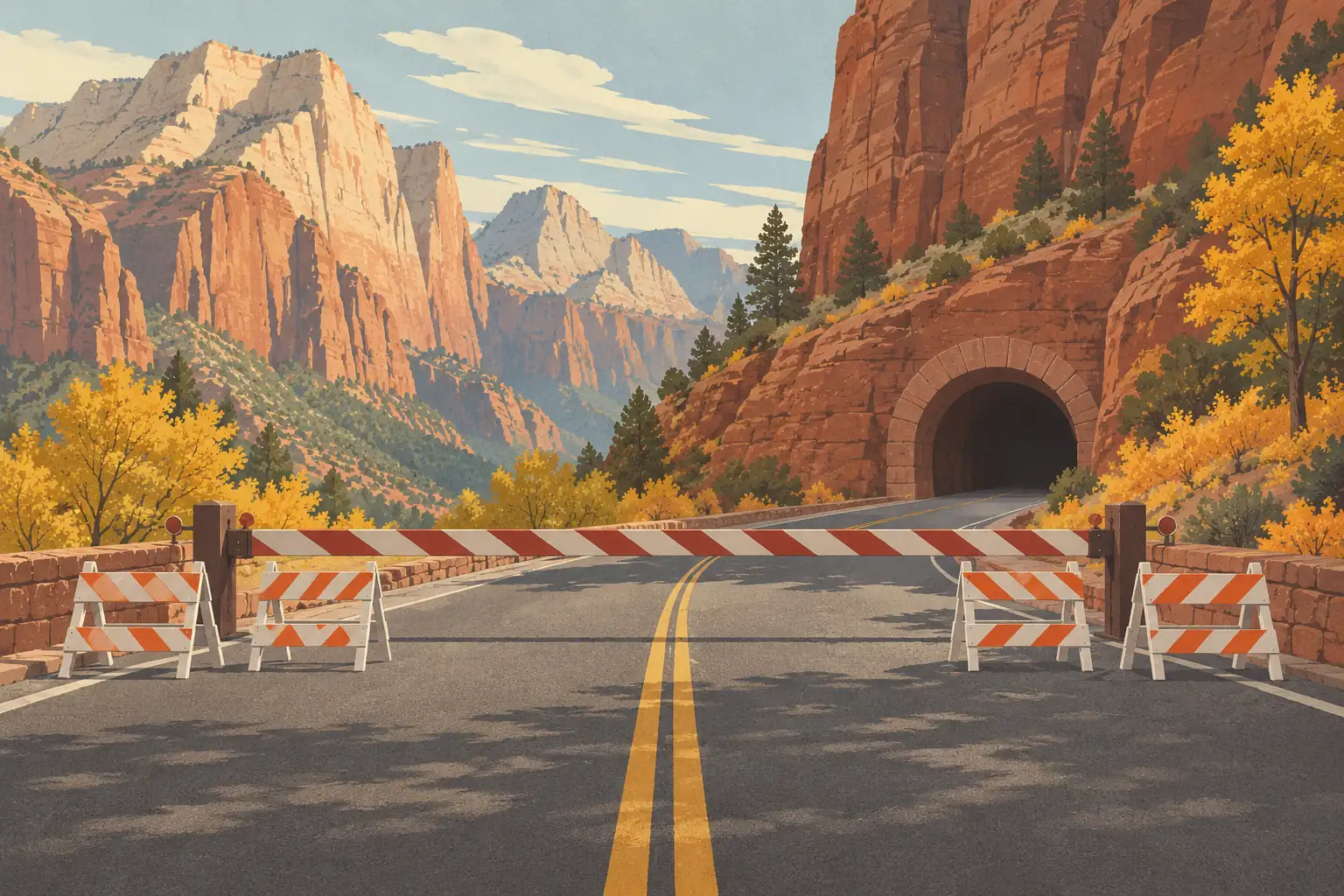 Route à deux voies barrée devant un tunnel, au milieu des falaises rouges et des arbres jaunes du parc de Zion