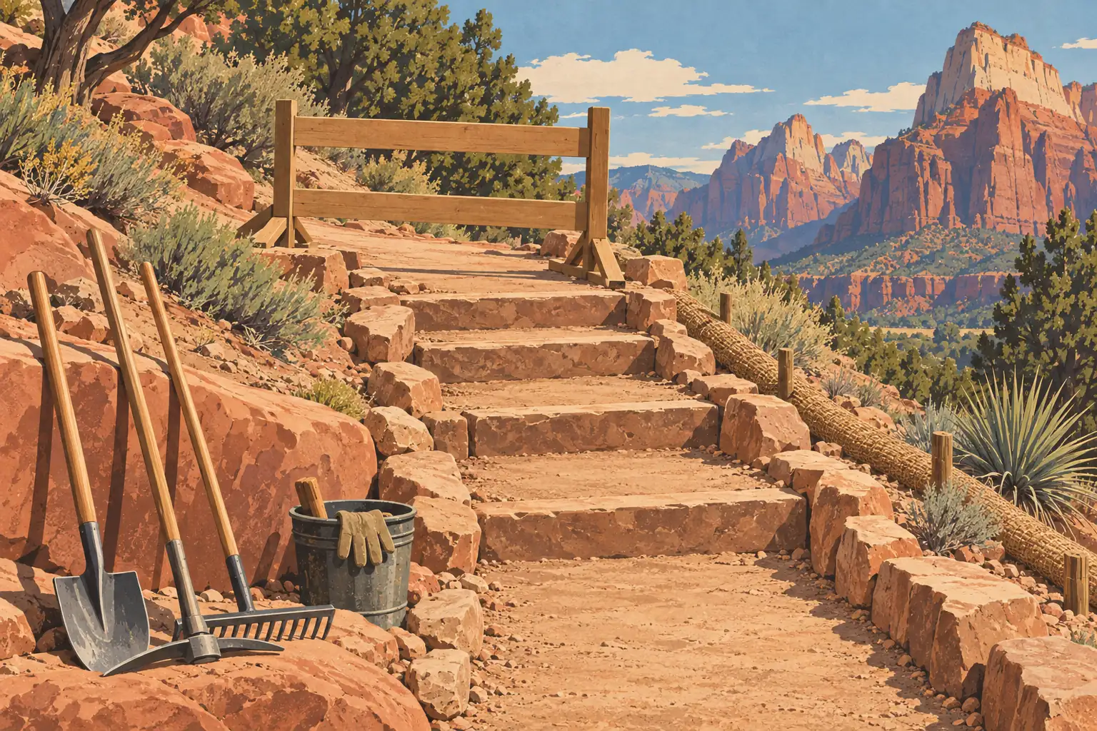 Sentier en escalier barré pour travaux, avec pelles, râteau, seau et falaises rouges de Zion à l’arrière-plan