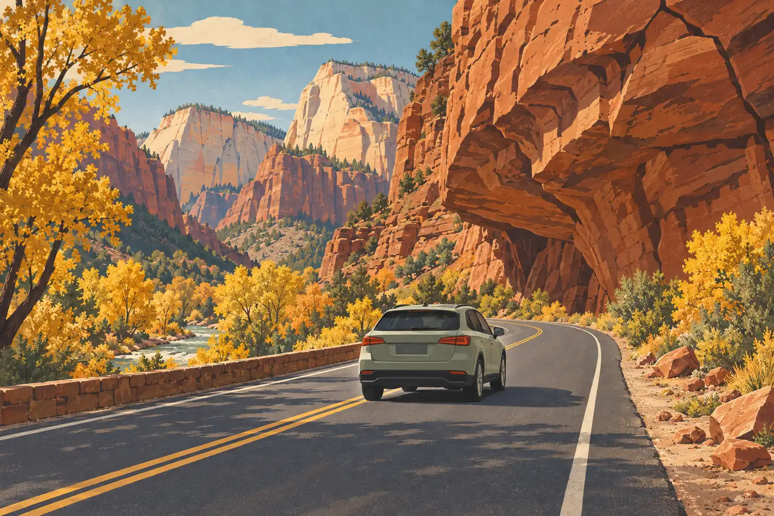 Une voiture roule sur une route sinueuse entre des falaises rouges, une rivière et des arbres aux couleurs d’automne
