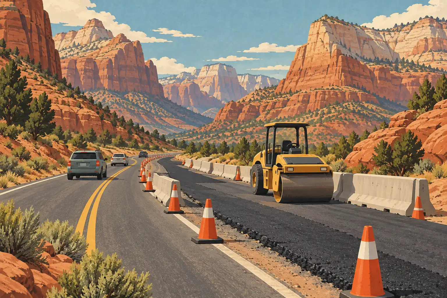 Travaux routiers dans un canyon de roches rouges, avec rouleau compresseur, cônes, barrières et voitures