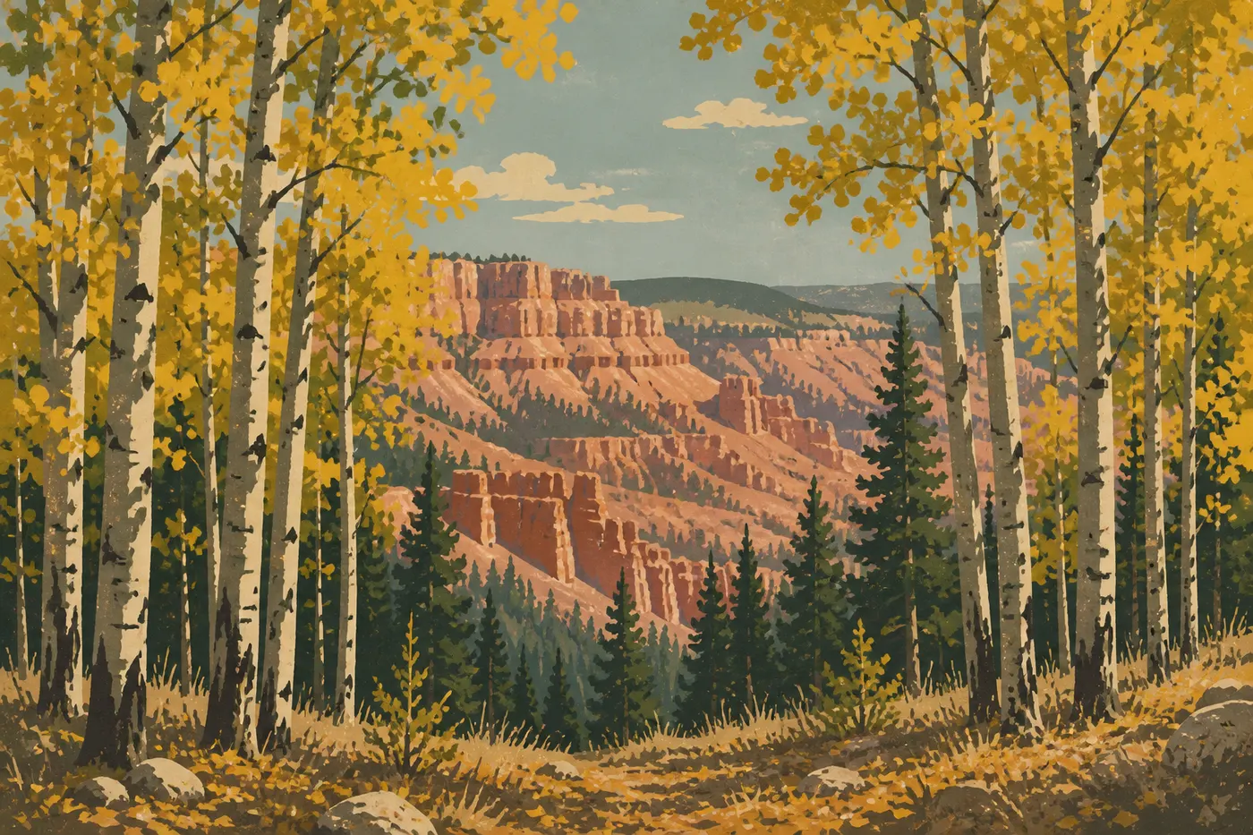 Illustration sérigraphiée : Trembles dorés d'automne encadrant les falaises roses et les pins du plateau de Paunsaugunt.