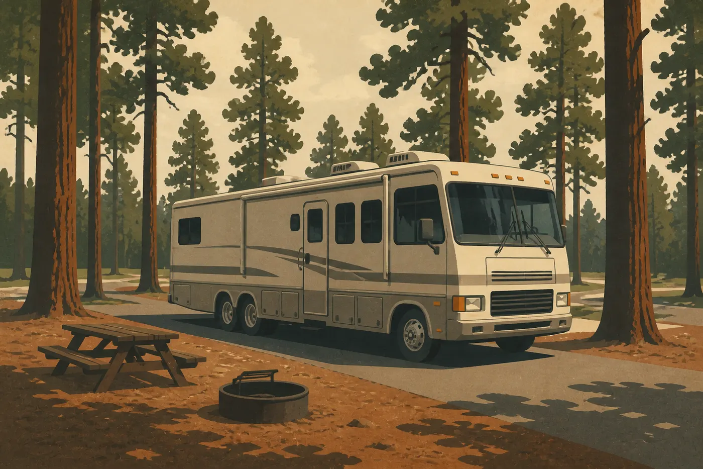 Illustration sérigraphiée : Camping-car stationné parmi les pins sur un emplacement aménagé du North Campground de Bryce Canyon.