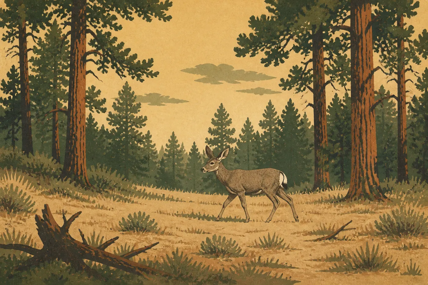 Illustration sérigraphiée : Cerf mulet traversant une clairière de pins ponderosa sur le plateau de Bryce Canyon.