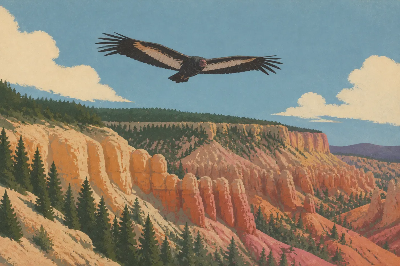 Illustration sérigraphiée : Condor de Californie planant au-dessus des falaises et hoodoos du plateau de Paunsaugunt.