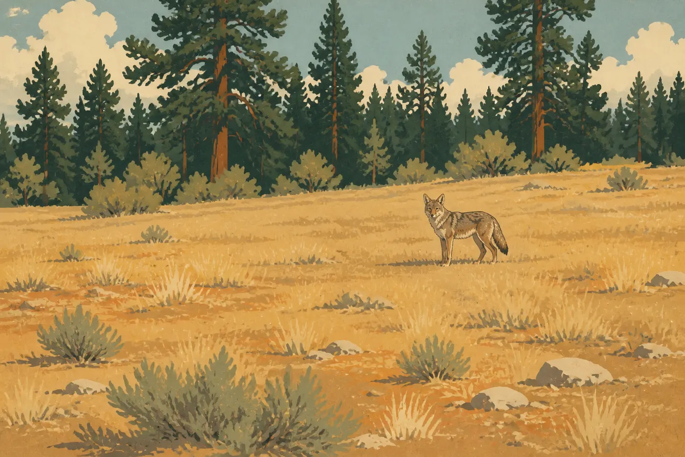 Illustration sérigraphiée : Coyote debout dans une prairie sèche bordée de pins à Bryce Canyon.
