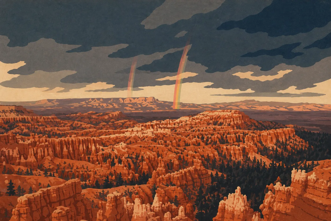 Illustration sérigraphiée : Bryce Amphitheater baigné de lumière estivale, avec hoodoos orange, pins verts et ciel bleu.