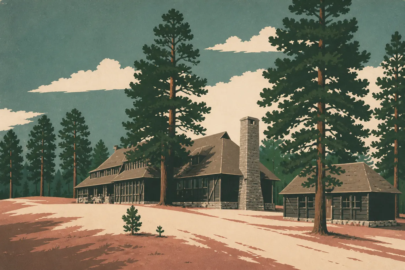 Illustration sérigraphiée : Façade historique en pierre et rondins du Lodge at Bryce Canyon entourée de pins ponderosa.