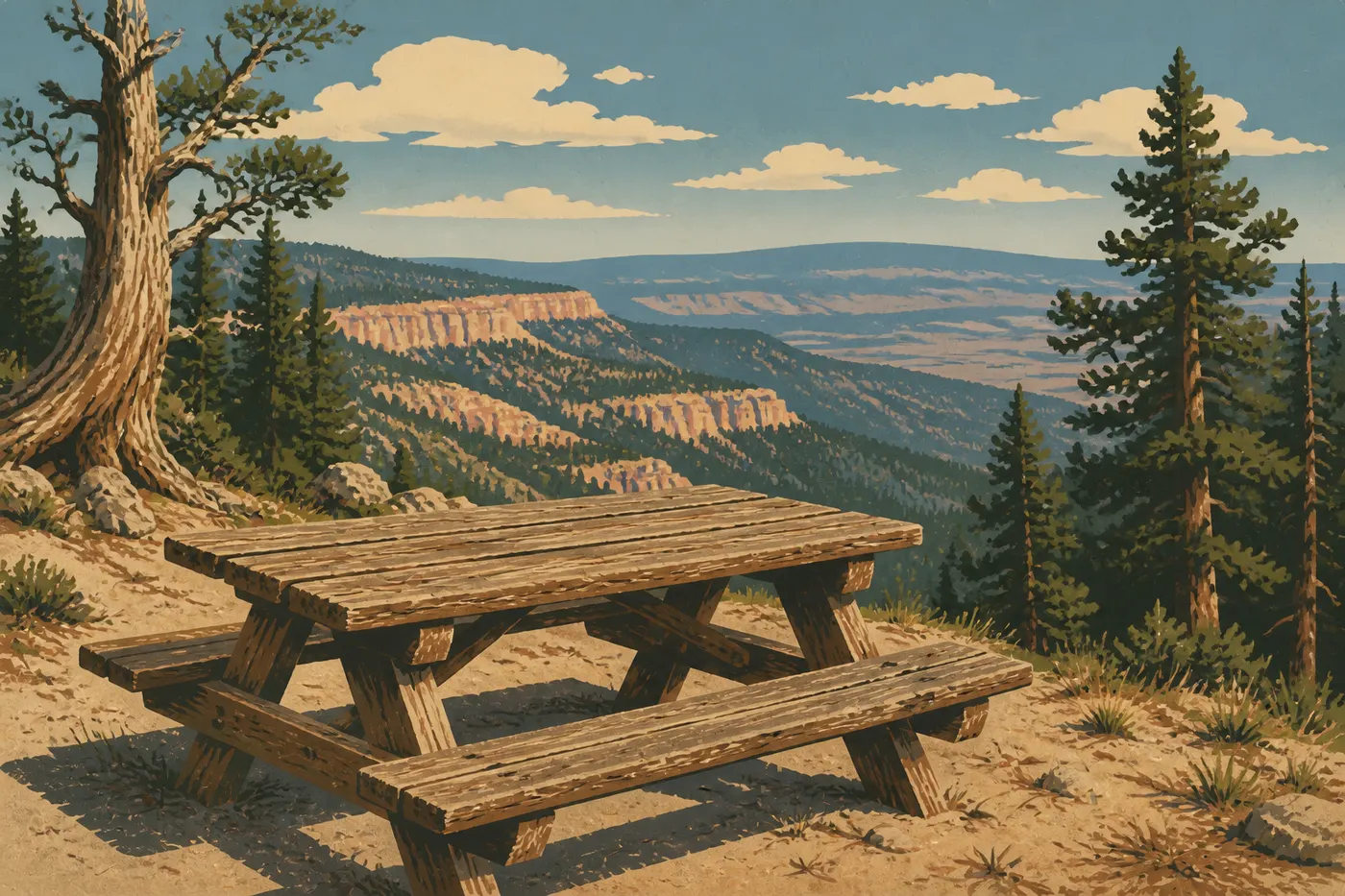 Illustration sérigraphiée : Table de pique-nique de Rainbow Point face aux forêts et plateaux du sud du parc.