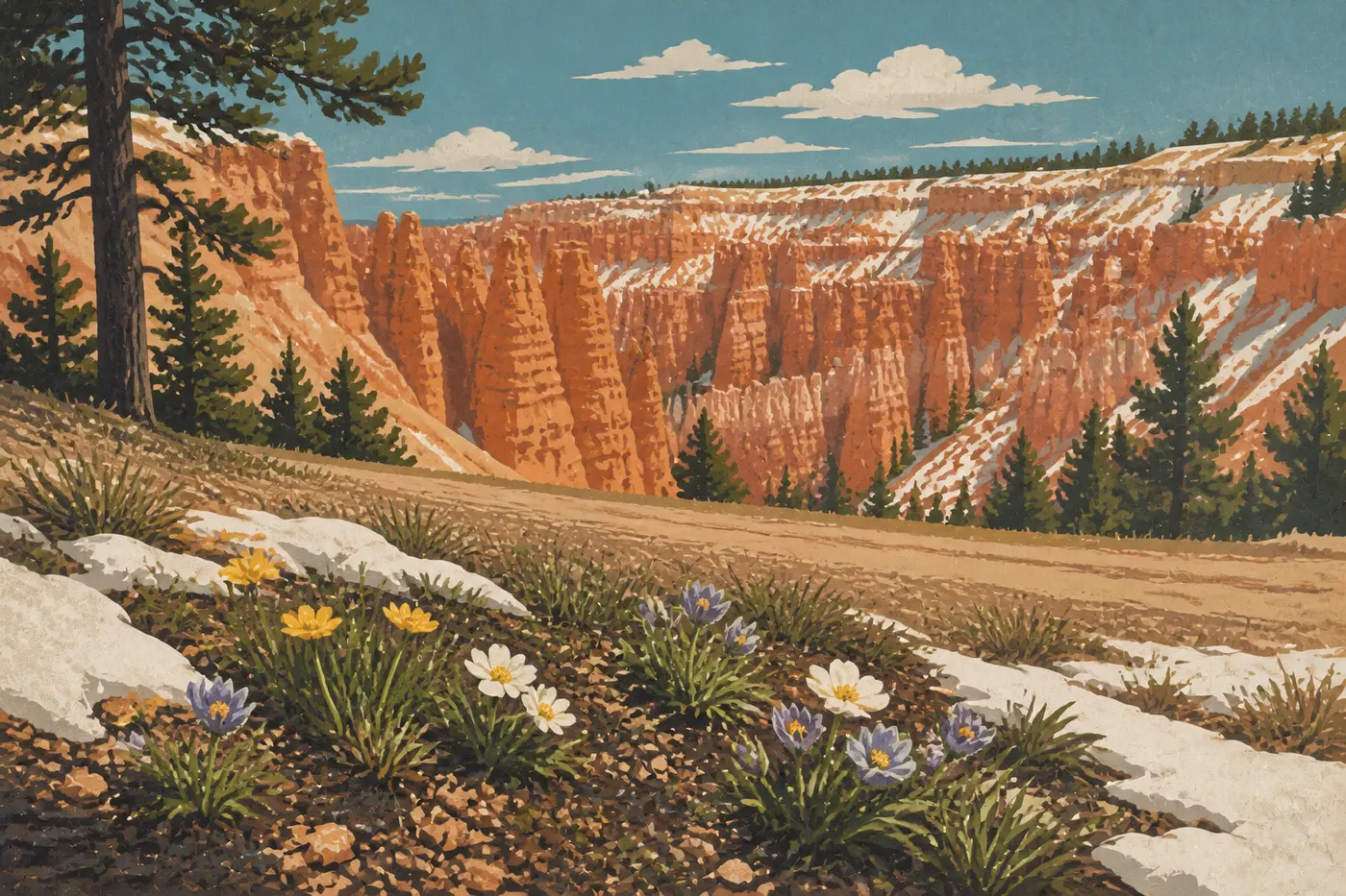 Illustration sérigraphiée : Fleurs sauvages printanières bordant le Rim Trail devant les hoodoos encore ponctués de neige.