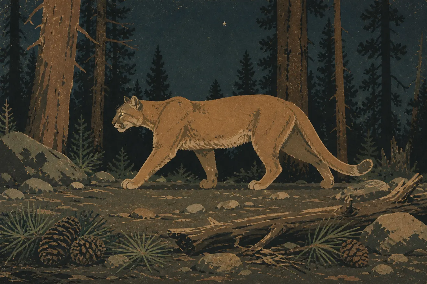 Illustration sérigraphiée : Puma photographié par caméra automatique dans la forêt du plateau de Bryce Canyon.