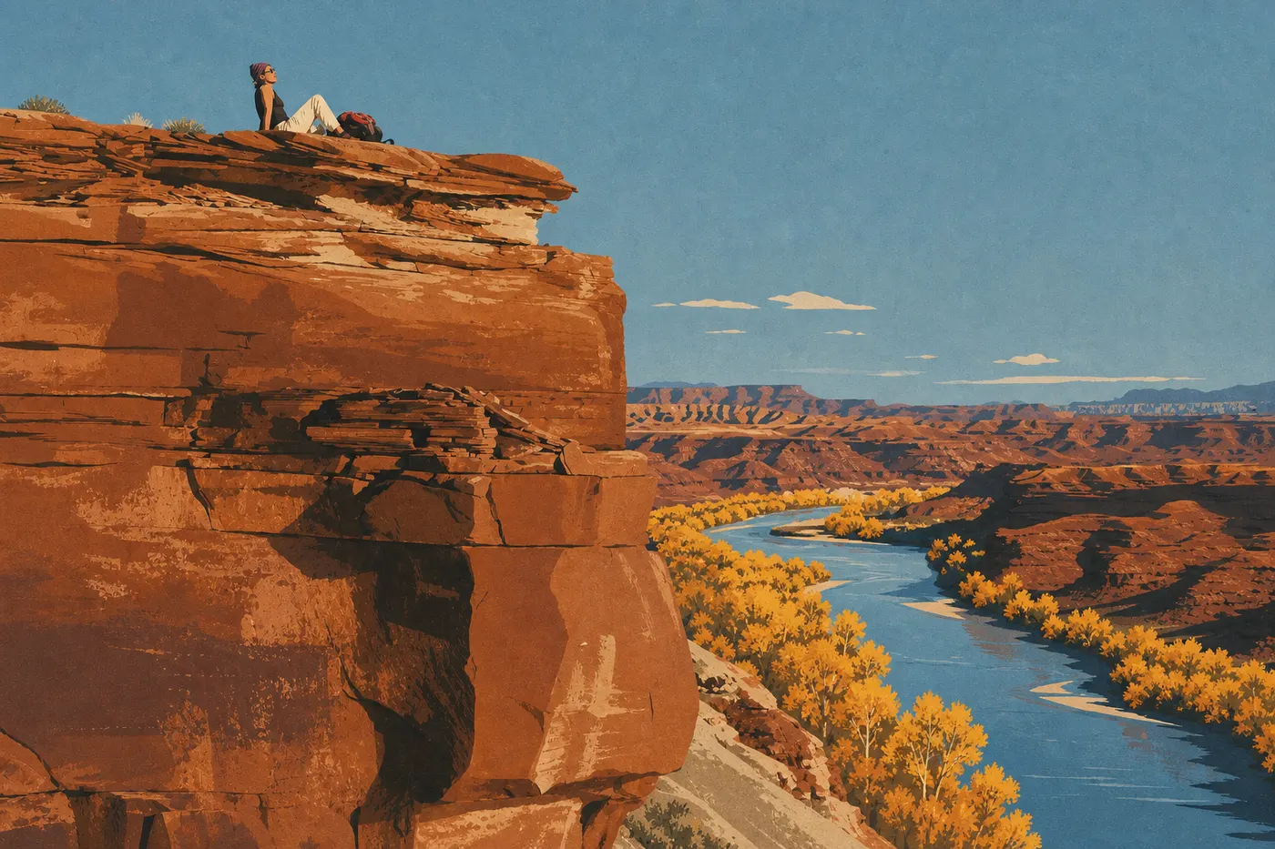 Illustration sérigraphiée : Des peupliers dorés bordent la Green River sous les falaises rouges de Canyonlands en automne.