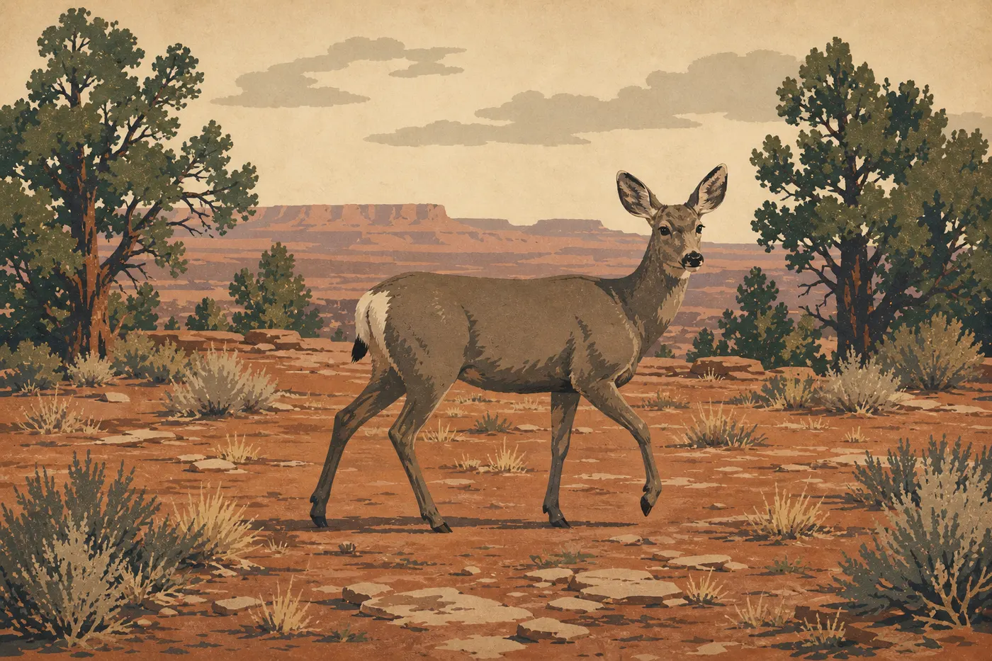 Illustration sérigraphiée : Un cerf mulet traverse une clairière de genévriers sur le plateau d'Island in the Sky.
