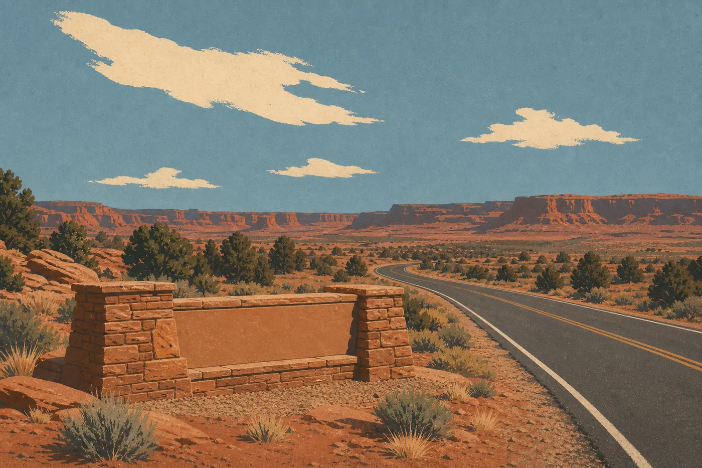 Illustration sérigraphiée : Le panneau d'entrée de Canyonlands borde la route UT 313 menant au district Island in the Sky.