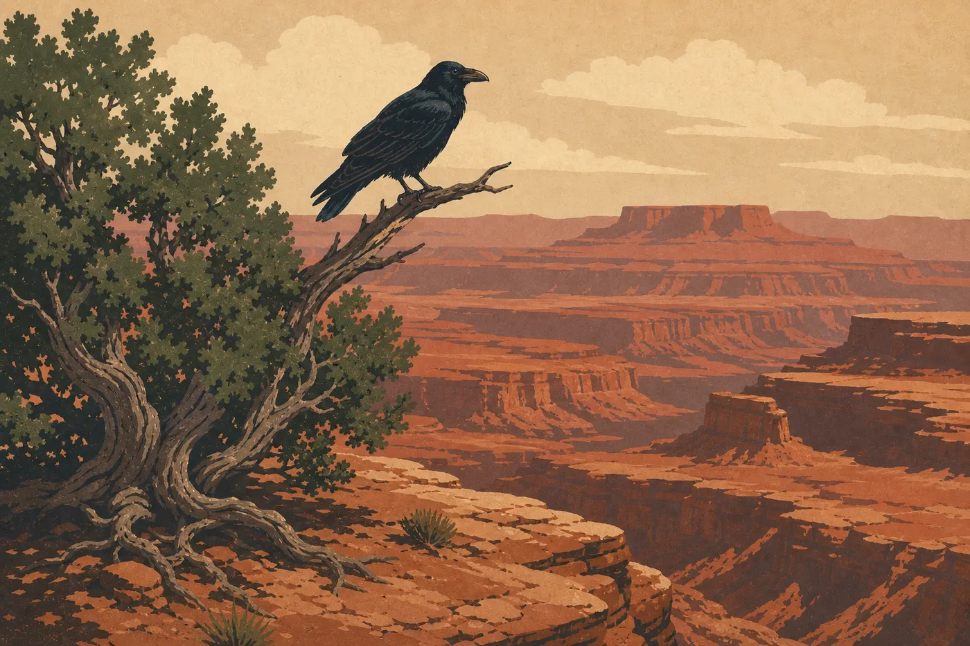 Illustration sérigraphiée : Un grand corbeau perché sur un genévrier domine les canyons rouges et les mesas lointaines.