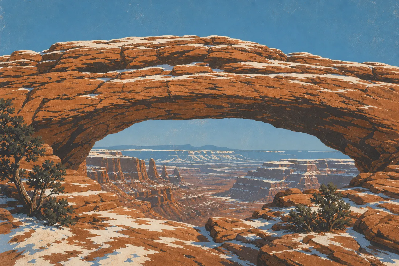 Illustration sérigraphiée : Mesa Arch et les plateaux d'Island in the Sky apparaissent poudrés de neige sous un ciel bleu.