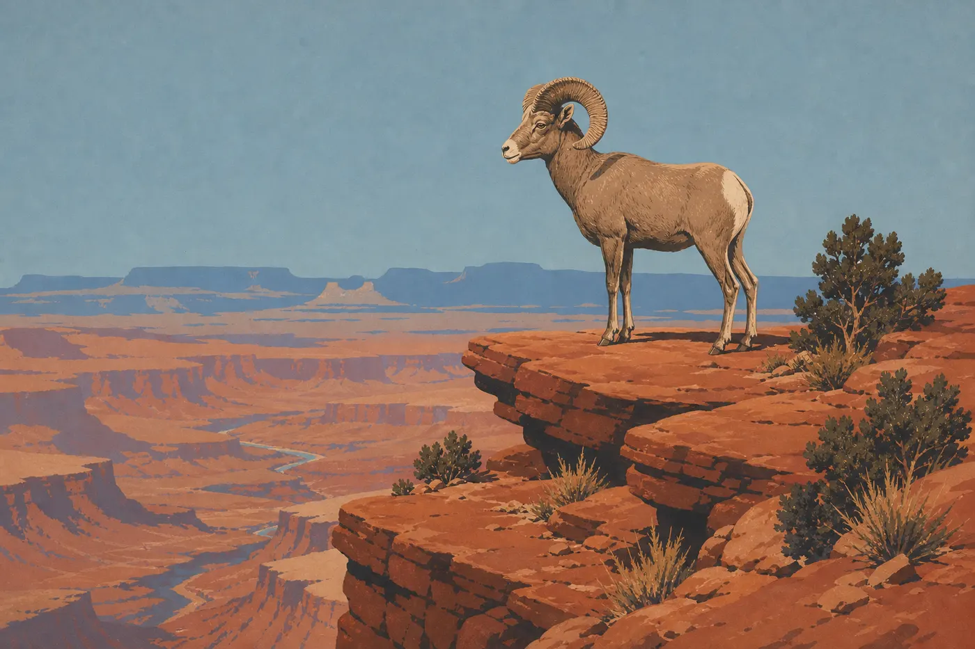 Illustration sérigraphiée : Un mouflon du désert adulte se tient sur une corniche de grès rouge dominant les canyons.