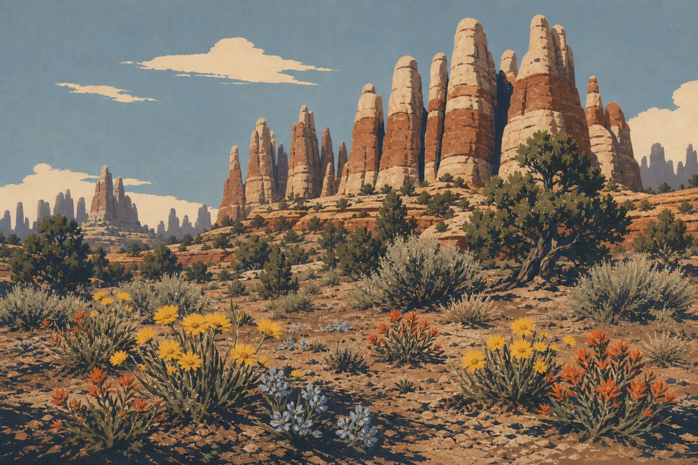 Illustration sérigraphiée : Les aiguilles de grès et les fleurs sauvages de Needles composent un paysage lumineux au printemps.