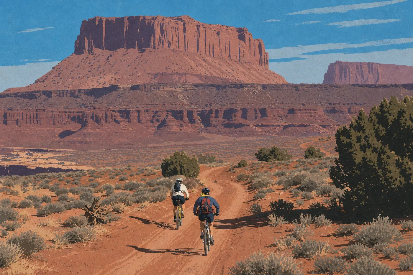 Illustration sérigraphiée : Deux vététistes parcourent les lacets de White Rim Road sous les falaises d'Island in the Sky.