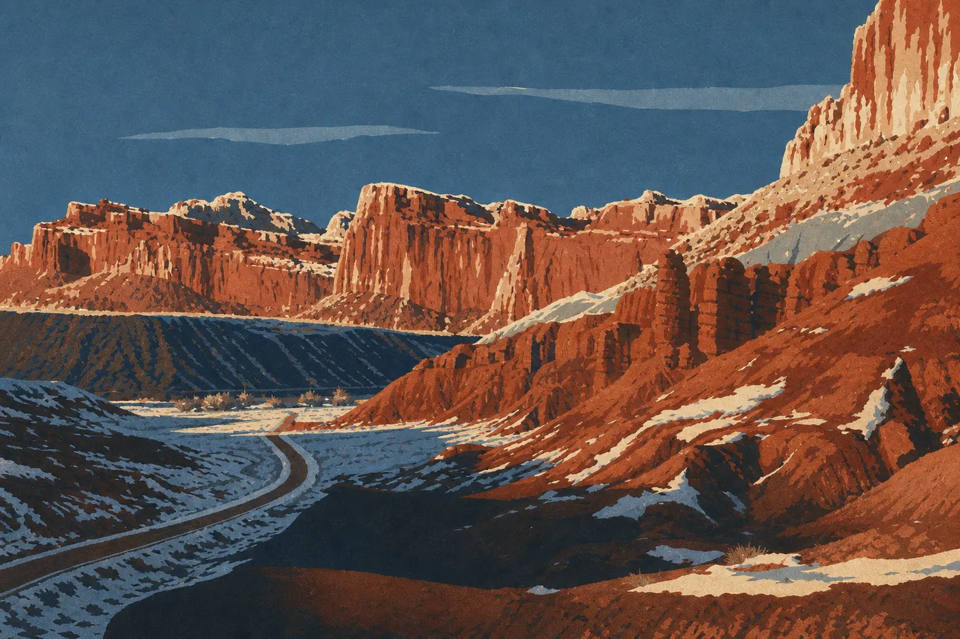 Illustration sérigraphiée : Hiver (novembre-février) : silence et lumière froide