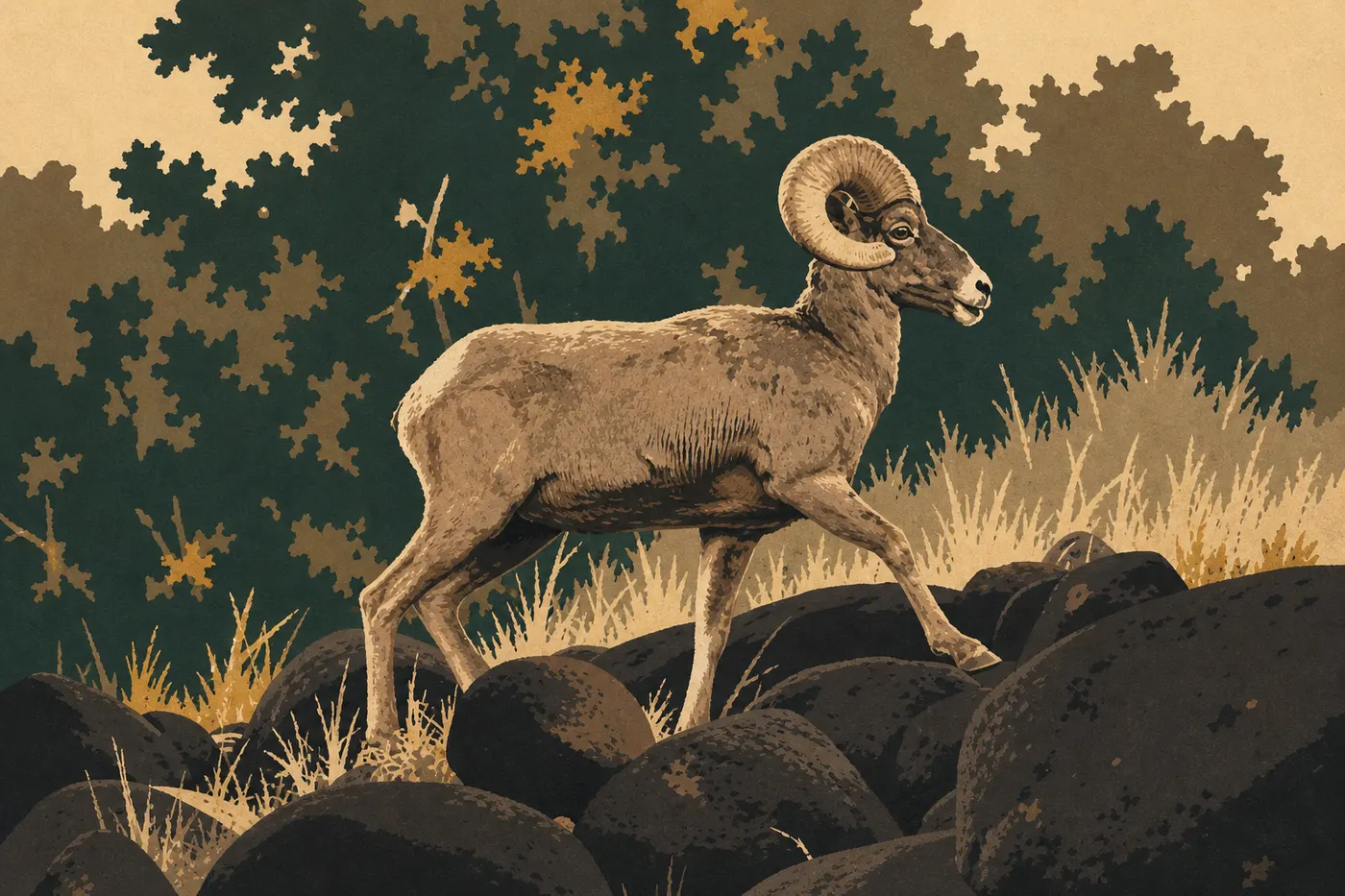 Ilustración serigrafiada: El borrego cimarrón (Desert Bighorn Sheep)