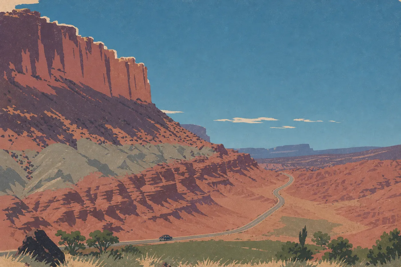 Illustration sérigraphiée : La Scenic Drive : 29 km entre falaises et canyons