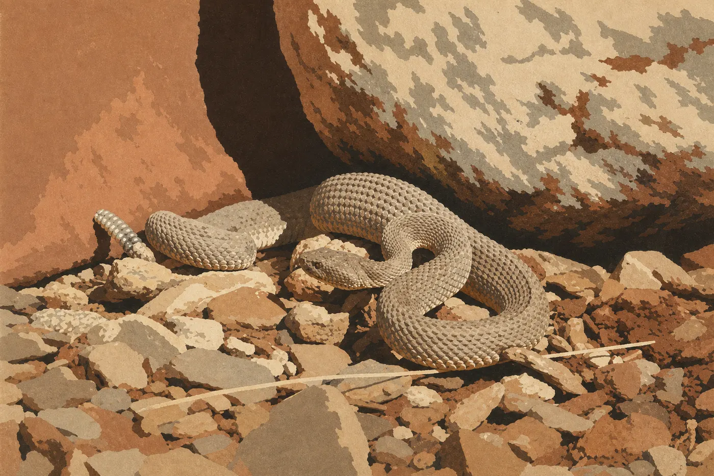 Illustration sérigraphiée : Différencier les serpents : à sonnettes ou pas ?