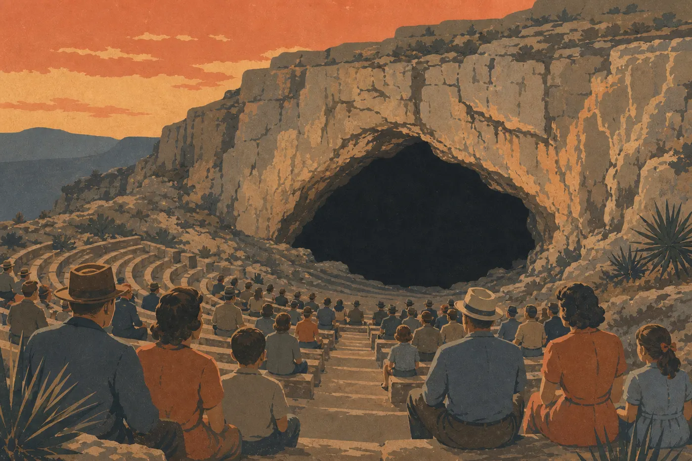 Illustration sérigraphiée : Les visiteurs assis dans l'amphithéâtre de Bat Flight observent la Natural Entrance à la tombée du jour