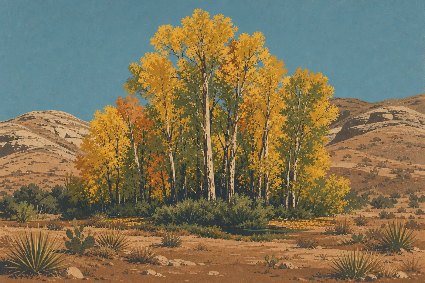 Illustration sérigraphiée : Les peupliers dorés de Rattlesnake Springs contrastent avec les collines arides sous un ciel clair d'automne