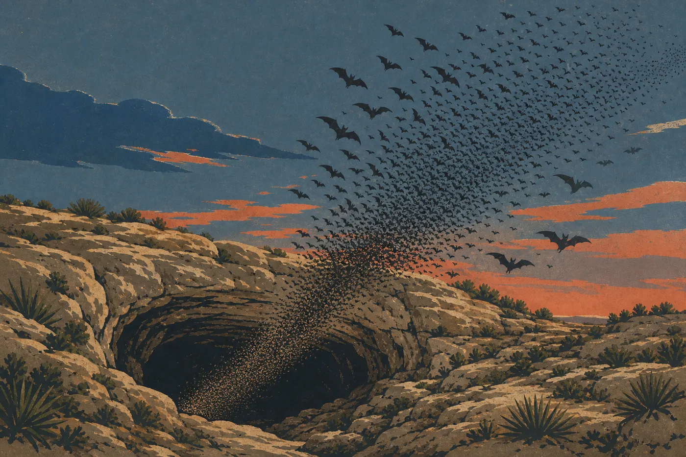 Illustration sérigraphiée : Un immense ruban de chauves-souris à queue libre s'élève au crépuscule depuis la Natural Entrance