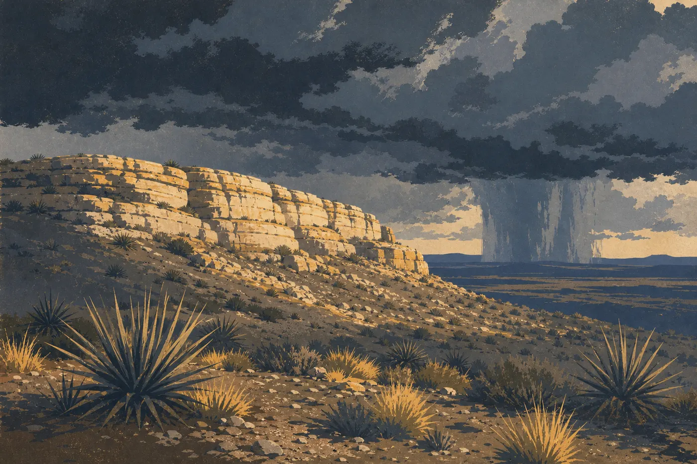 Illustration sérigraphiée : Un orage d'été assombrit le désert de Chihuahua tandis que les falaises calcaires restent éclairées