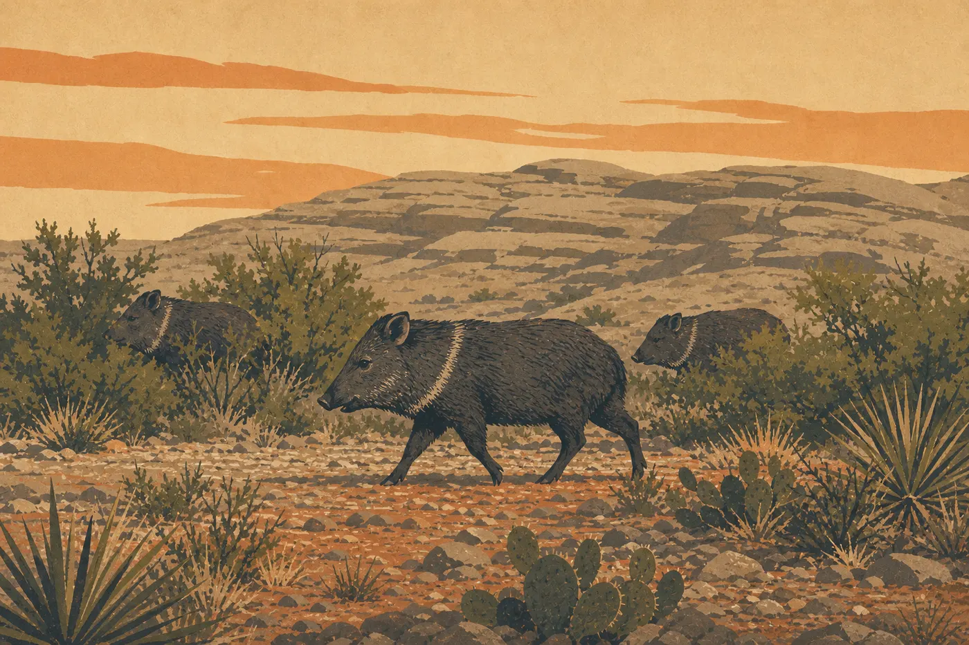 Illustration sérigraphiée : Un groupe de pécaris à collier traverse les broussailles épineuses du désert de Chihuahua au petit matin