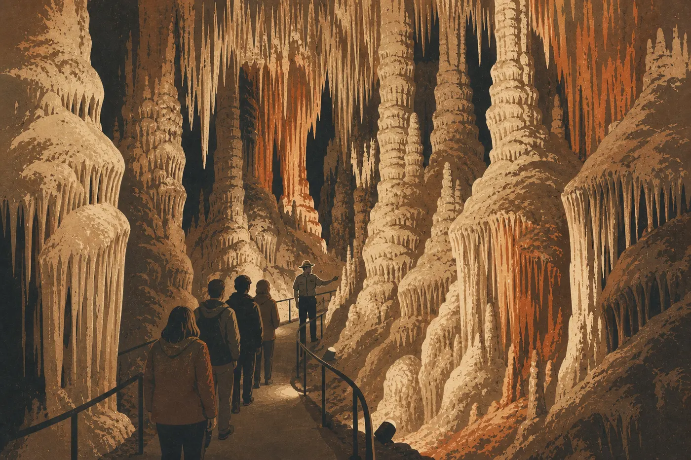 Illustration sérigraphiée : Les concrétions serrées de King's Palace encadrent un passage guidé au cœur des profondeurs de la grotte