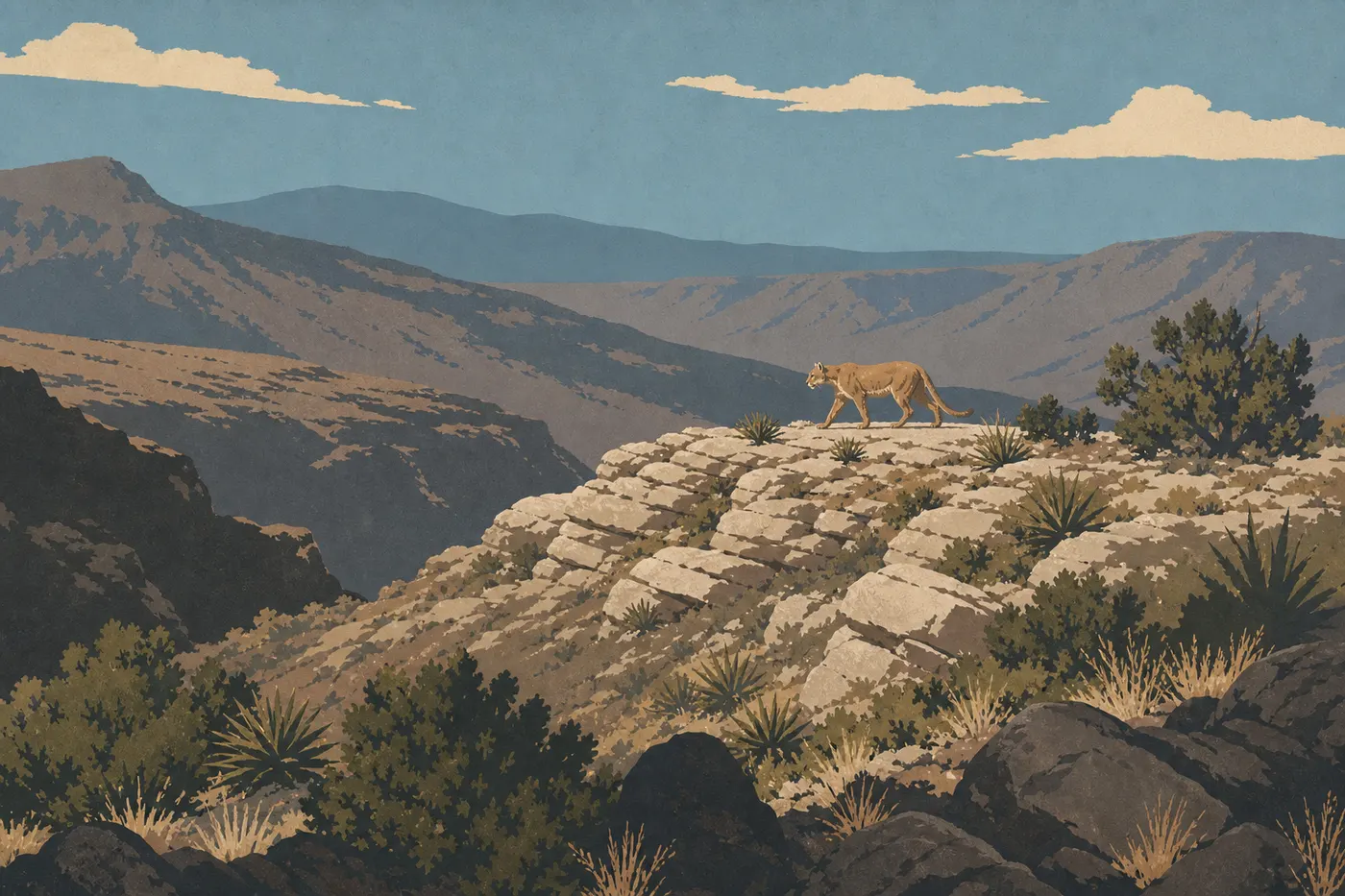 Illustration sérigraphiée : Un puma avance discrètement sur une crête rocheuse isolée de l'arrière-pays de Carlsbad Caverns