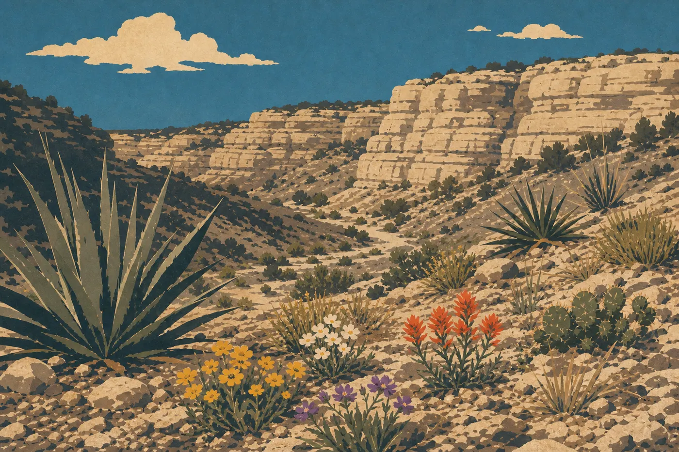 Illustration sérigraphiée : Les fleurs sauvages printanières ponctuent de couleurs les yuccas et cactus des pentes de Walnut Canyon