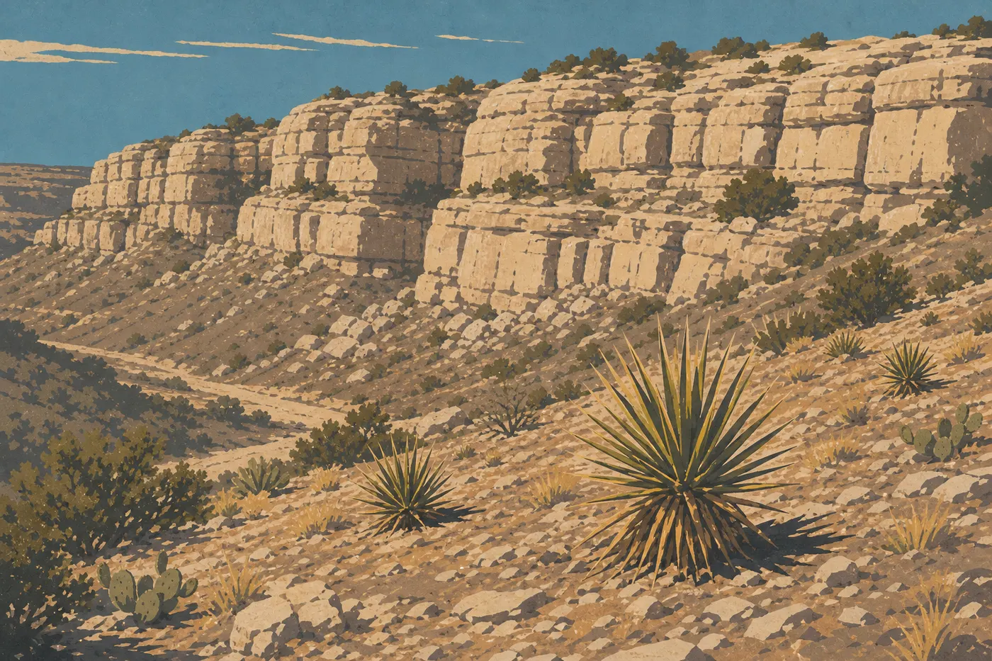 Illustration sérigraphiée : Le soleil d'été éclaire durement les yuccas et les falaises pâles dominant Walnut Canyon