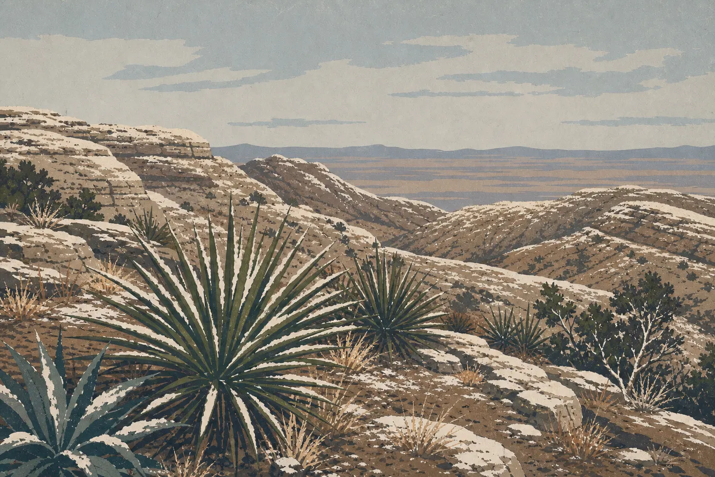 Illustration sérigraphiée : Une fine neige hivernale souligne les yuccas et les crêtes calcaires autour de l'entrée des cavernes